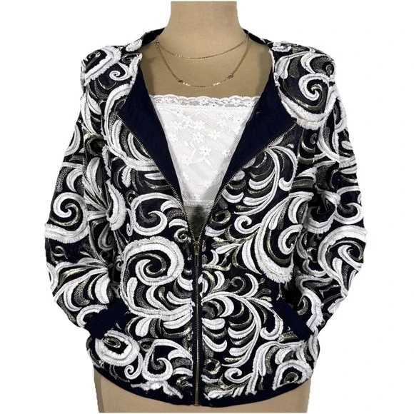 CHICO'S Travelers Scrolled Bomber Jacket Small Front Zip 3/4 Sleeve - Picture 1 of 15